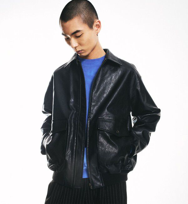 SHIPS「City Ambient Products: 合成皮革 ショート ジップ ブルゾン」|ブルゾン・スタジャン|