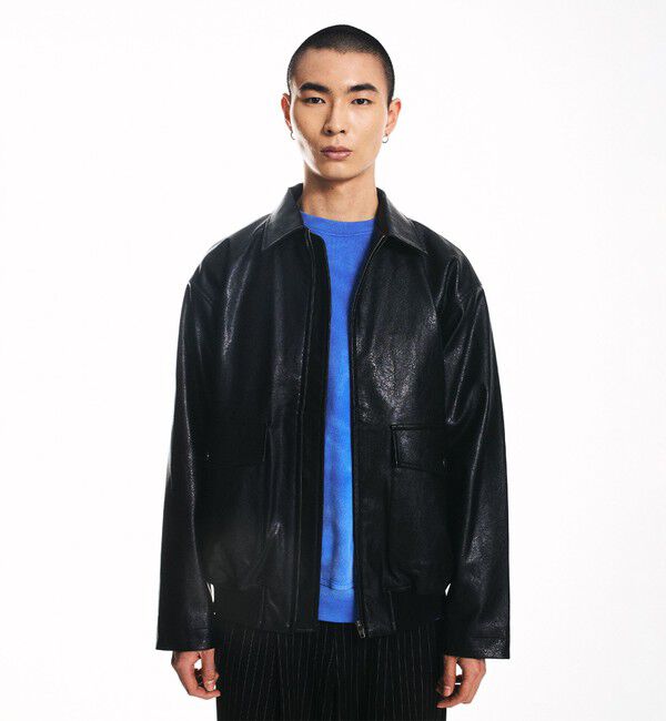 SHIPS「City Ambient Products: 合成皮革 ショート ジップ ブルゾン」|ブルゾン・スタジャン|