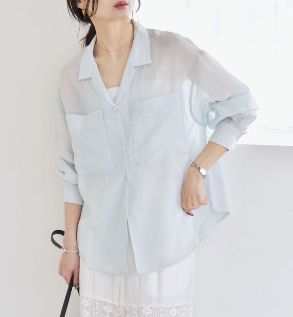 quaranciel「quaranciel:〈洗濯機可能〉シアー ポケット オープンカラー オーバー シャツ」|シャツ・ブラウス|ライトブルー