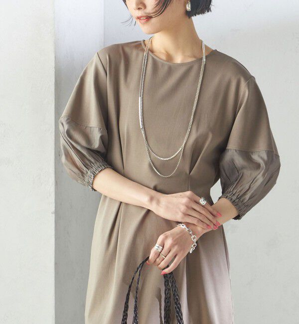 SHIPS for women「〈手洗い可能〉シアー スリーブ 切替 ジャージー ワンピース」|ワンピース|カーキ