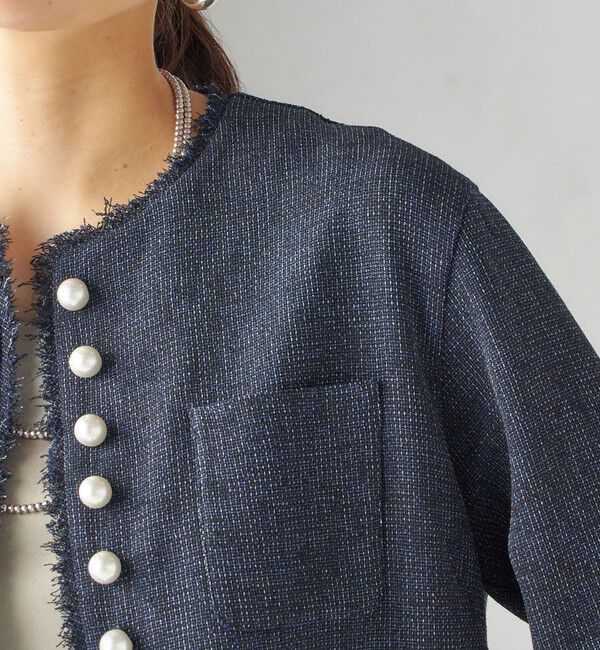 SHIPS for women「〈手洗い可能〉ストレッチ ツイード パール ボタン ジャケット」|ノーカラージャケット|