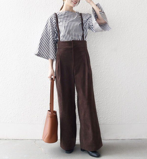 SHIPS any「SHIPS any:〈手洗い可能〉コーデュロイ サスペンダー付 ハイウエスト ワイド パンツ」|その他|ブラウン