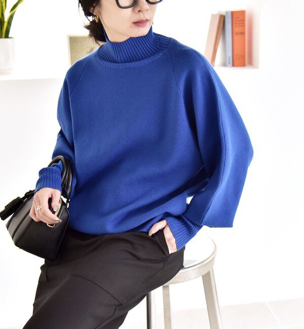quaranciel「quaranciel:〈洗濯機可能〉タートルネック ラグラン ロングリブ ニット プルオーバー」|ニット・セーター|ブルー