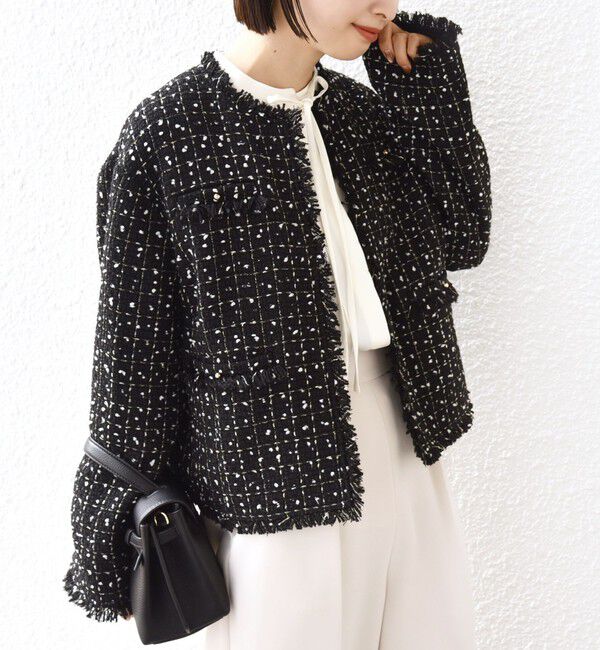 SHIPS for women「【SHIPS別注】troisiemeCHACO: ツイード ジャケット（セレモニー対応可）」|ノーカラージャケット|ブラック