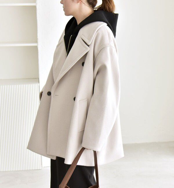 quaranciel「quaranciel: PURE WOOL ダブルブレスト テーラード ハーフ コート」|ピーコート|ライトグレー