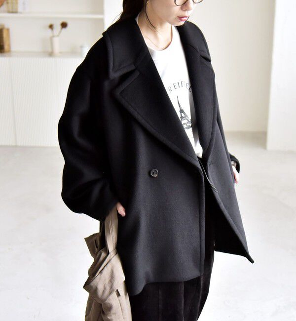 quaranciel「quaranciel: PURE WOOL ダブルブレスト テーラード ハーフ コート」|ピーコート|