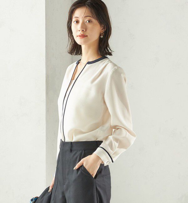 SHIPS for women「〈手洗い可能〉配色 パイピング キーネック 長袖ブラウス」|シャツ・ブラウス|