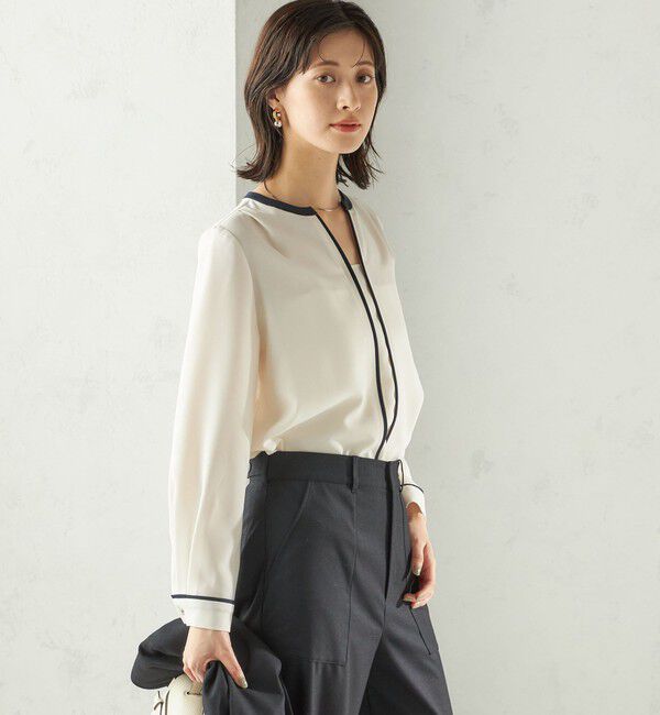 SHIPS for women「〈手洗い可能〉配色 パイピング キーネック 長袖ブラウス」|シャツ・ブラウス|