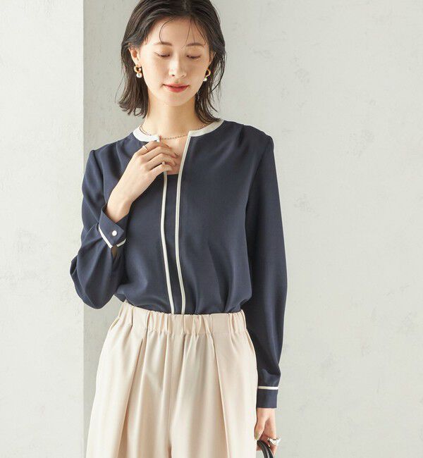 SHIPS for women「〈手洗い可能〉配色 パイピング キーネック 長袖ブラウス」|シャツ・ブラウス|ネイビー
