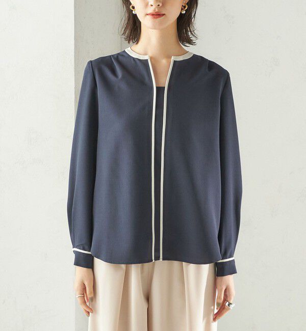 SHIPS for women「〈手洗い可能〉配色 パイピング キーネック 長袖ブラウス」|シャツ・ブラウス|