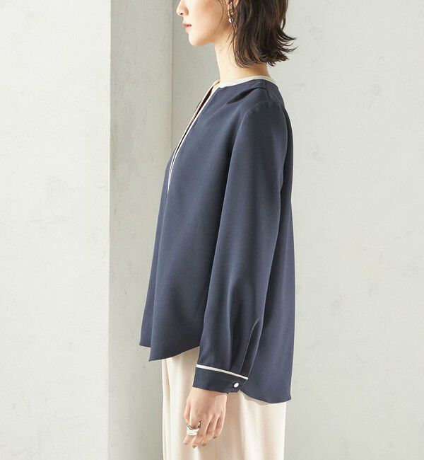 SHIPS for women「〈手洗い可能〉配色 パイピング キーネック 長袖ブラウス」|シャツ・ブラウス|