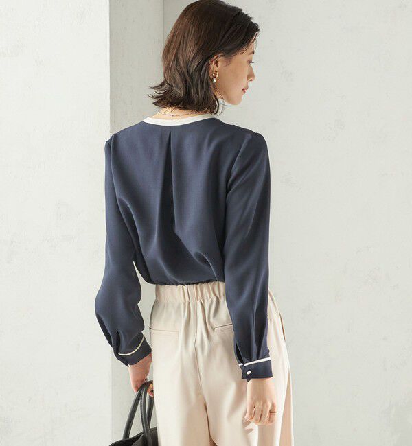 SHIPS for women「〈手洗い可能〉配色 パイピング キーネック 長袖ブラウス」|シャツ・ブラウス|