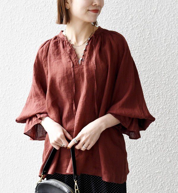 SHIPS any「SHIPS any:〈洗濯機可能〉リネン ボリューム スリーブ フレア ブラウス」|シャツ・ブラウス|ブラウン