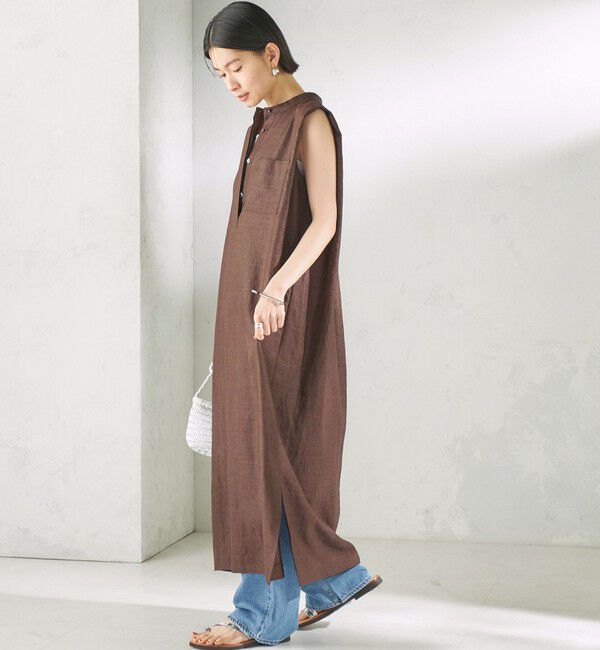 SHIPS for women「《予約》〈接触冷感/UVカット/吸水速乾/洗濯機可能〉SUUSUU タック スリーブ ワンピース」|ワンピース|ブラウン