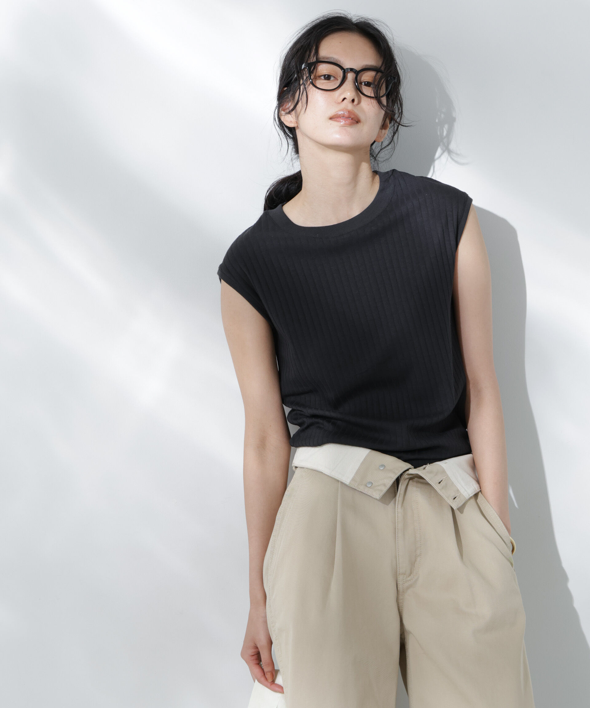 nano･universe「Anti Soaked(R) 汗染み防止リブノースリーブTシャツ（セットアップ可）」|Tシャツ・カットソー|ブラック