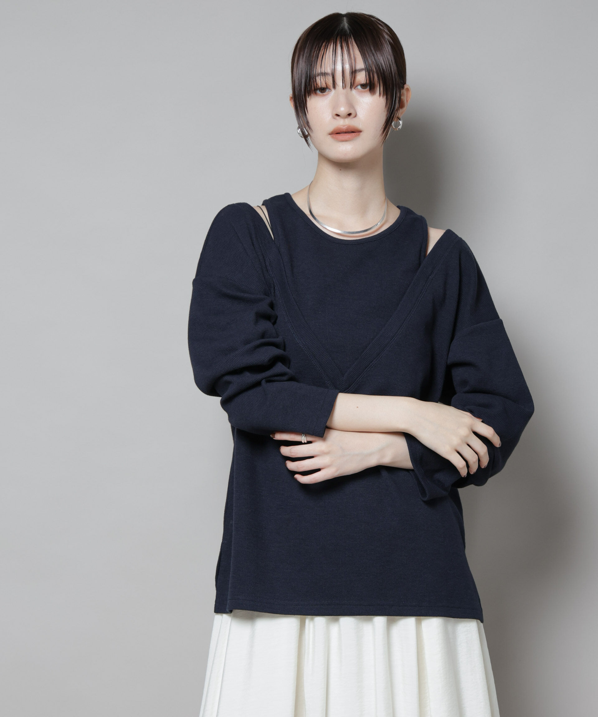 nano･universe「フェイクレイヤードワッフルカットトップス」|Tシャツ・カットソー|