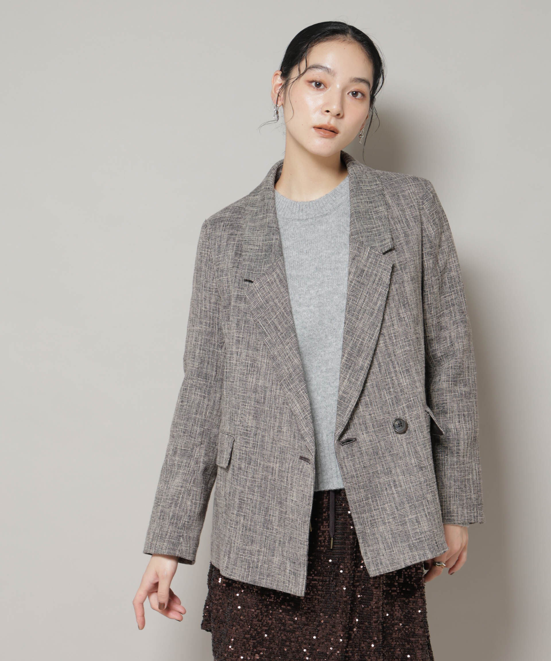 nano･universe「ツイードセミダブルジャケット(セットアップ可)」|テーラードジャケット|ブラウン