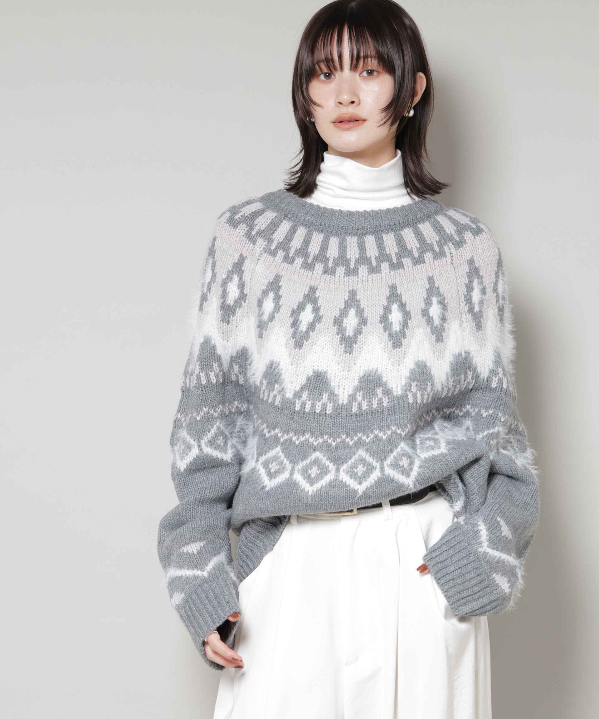 nano･universe「シャギーミックス求心柄ニットトップス」|ニット・セーター|グレー