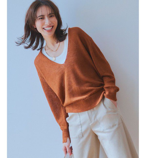 23区「【CLASSY.6月号掲載/洗える】ピュアリネンバルキー Vネックニット」|ニット・セーター|キャメル系
