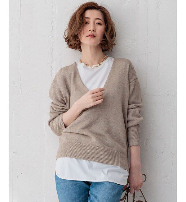 23区「【CLASSY.6月号掲載/洗える】ピュアリネンバルキー Vネックニット」|ニット・セーター|モカ系
