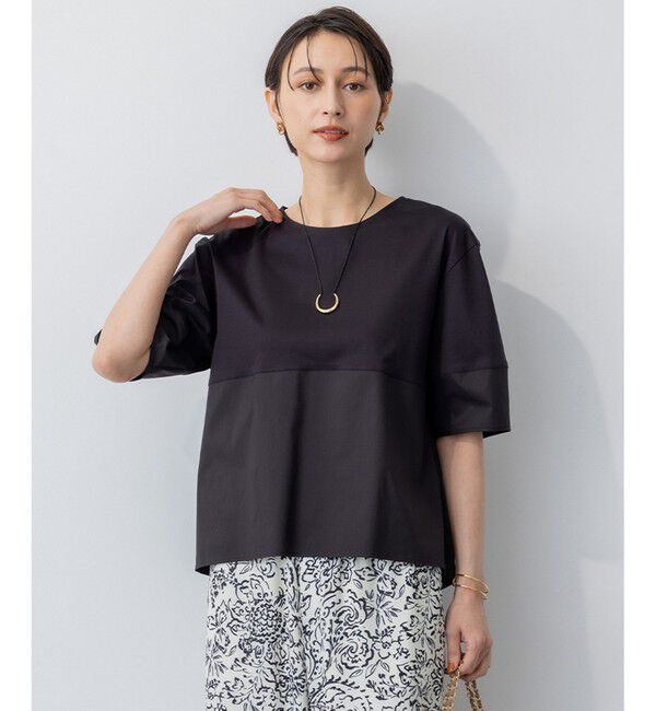 23区「【洗える】シルエットスムースコンビ バックフレア カットソー」|Tシャツ・カットソー|ブラック系