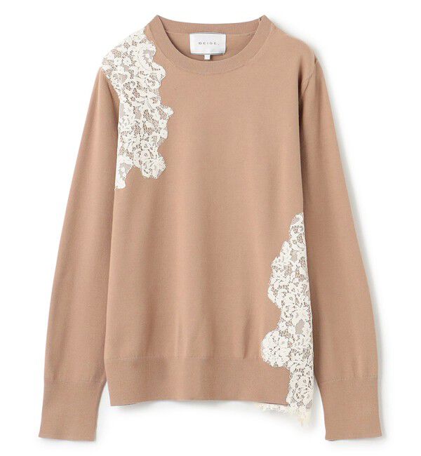BEIGE,「【ご好評により新色追加！洗える】WILLOW / アシンメトリーレースクルーネックニット」|ニット・セーター|
