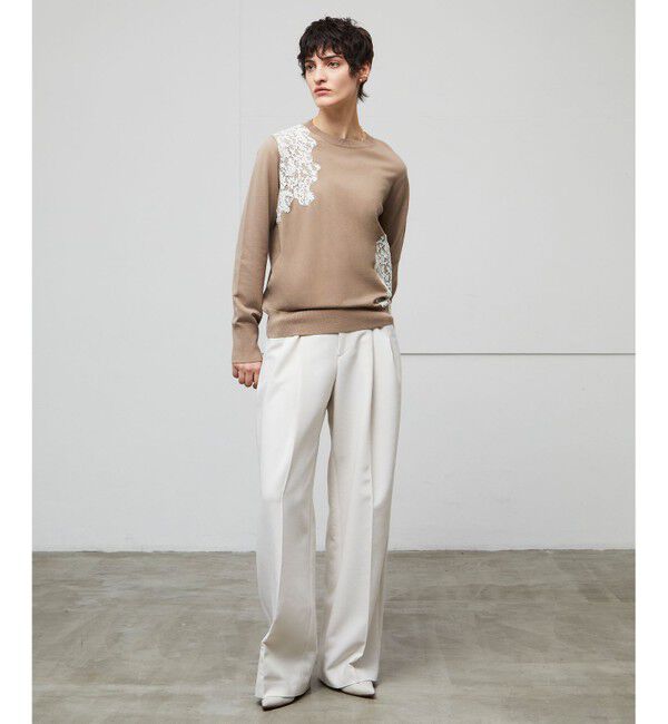 BEIGE,「【ご好評により新色追加！洗える】WILLOW / アシンメトリーレースクルーネックニット」|ニット・セーター|