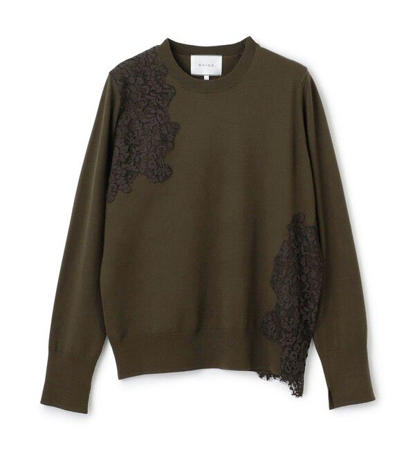 BEIGE,「【ご好評により新色追加！洗える】WILLOW / アシンメトリーレースクルーネックニット」|ニット・セーター|