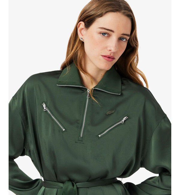 LACOSTE「サイドスリット シャイニーツイルロングドレス ハーフジップワンピース」|ワンピース|
