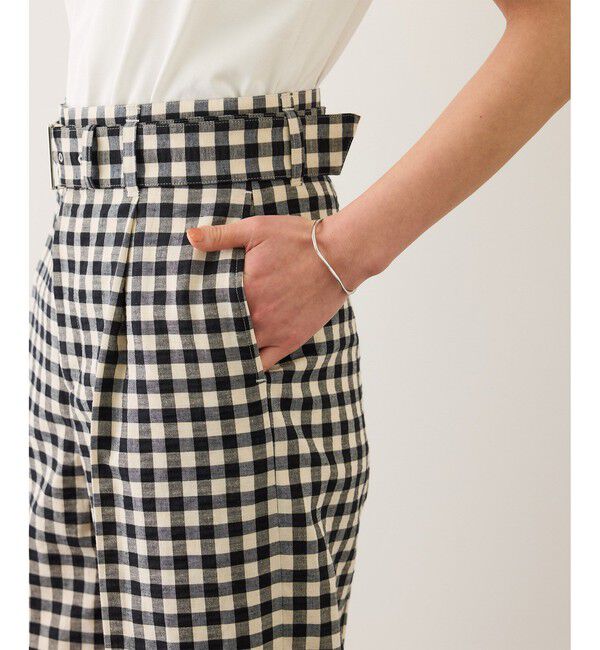 ROPE「リネン混ギンガムチェックワイドパンツ/イージーケア」|チノ|