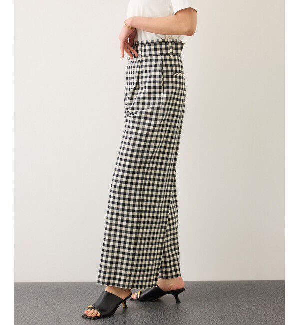 ROPE「リネン混ギンガムチェックワイドパンツ/イージーケア」|チノ|