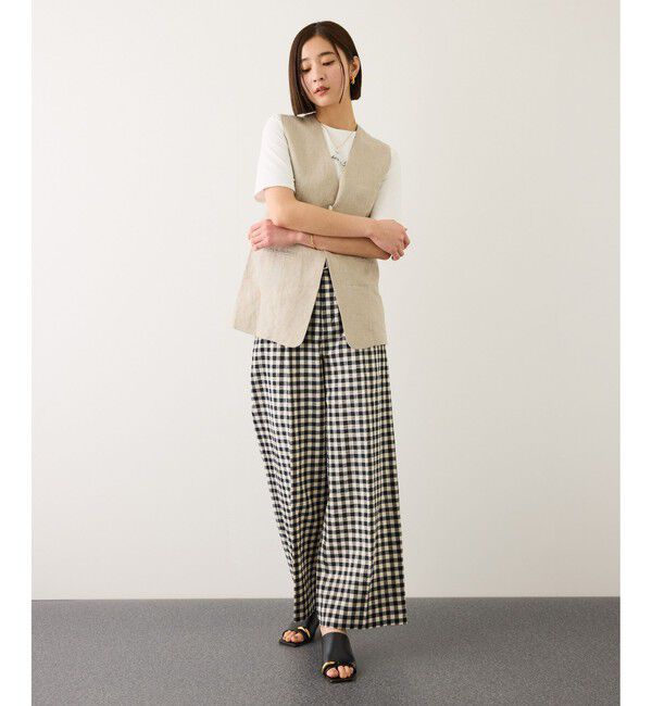 ROPE「リネン混ギンガムチェックワイドパンツ/イージーケア」|チノ|