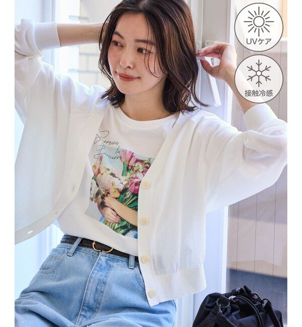 Rope&rsquo;Picnic「シャーベットニット ショート丈Vネックカーディガン/UVケア・接触冷感」|カーディガン|オフホワイト(15)