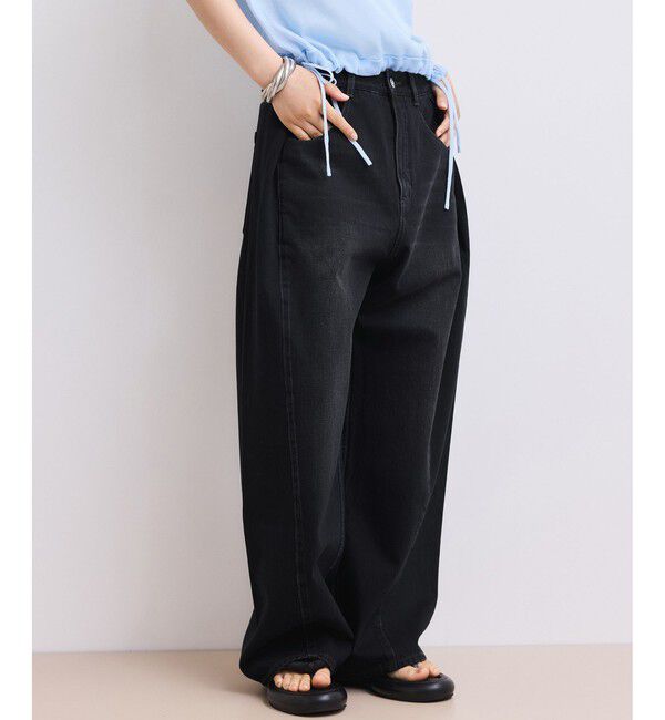 ADAM ET ROPE'「【WEB限定】・【サステナブル】タックディティールワイドデニムワイドパンツ」|デニム|ブラック(01)