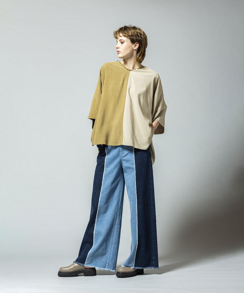  「切替デニムワイドパンツ」|デニム|