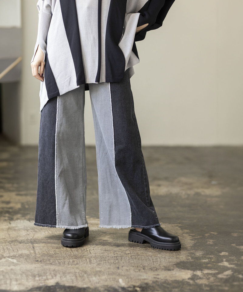  「切替デニムワイドパンツ」|デニム|