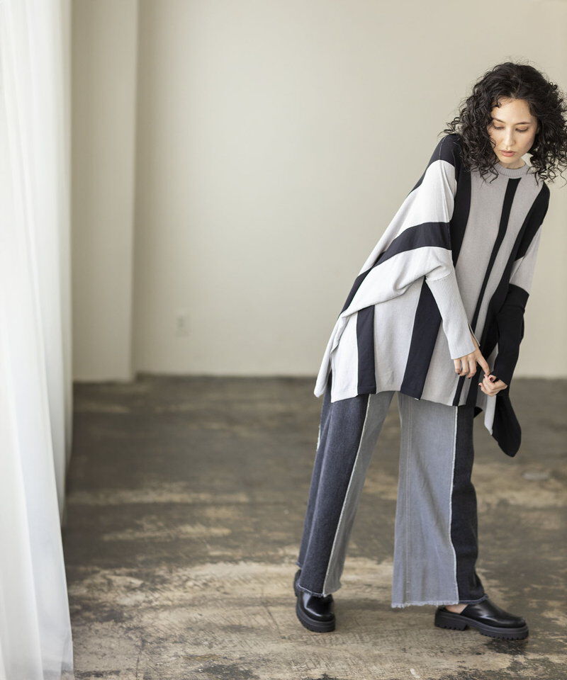  「切替デニムワイドパンツ」|デニム|