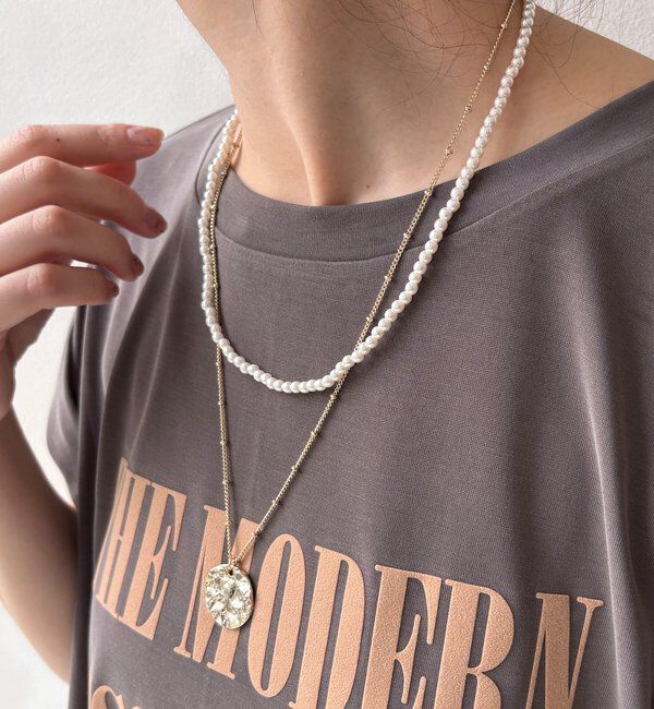  「パール&times;メタルプレートレイヤードネックレス」|ネックレス|ゴールド