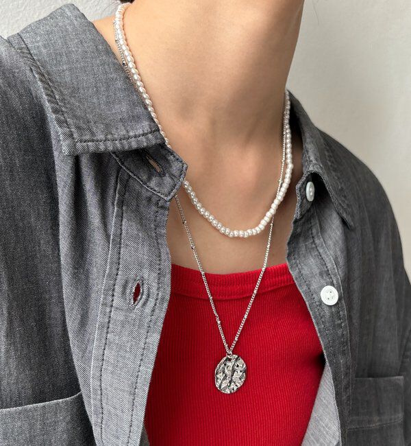  「パール&times;メタルプレートレイヤードネックレス」|ネックレス|