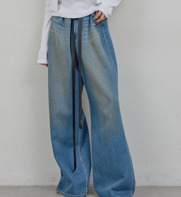  「【PEAS】レザーベルト付きソフトデニム」|デニム|ブルー