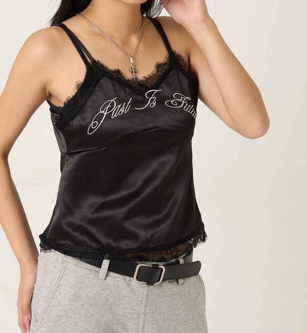  「刺繍ロゴサテンスリップキャミ」|シャツ・ブラウス|ブラック