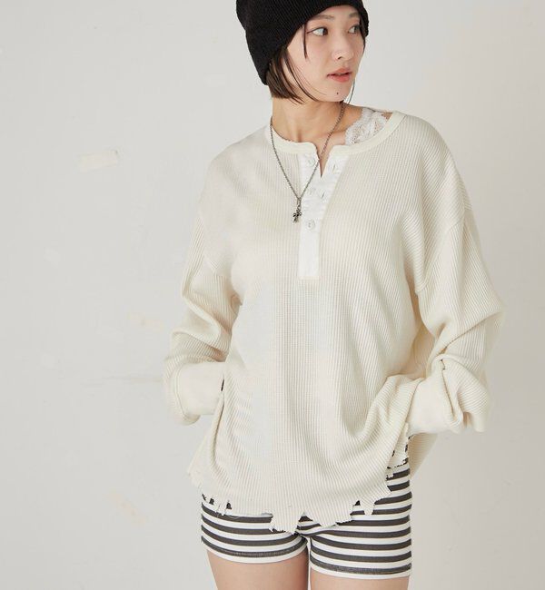  「【FromVintage】ダメージワッフルヘンリーL/STEE」|Tシャツ・カットソー|