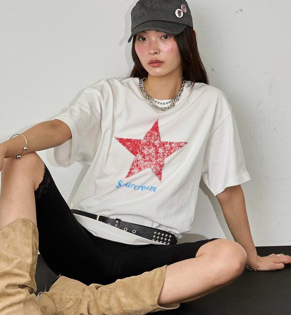  「【UNISEX】SourcreamラインストーンスターグラフィックTEE」|Tシャツ・カットソー|