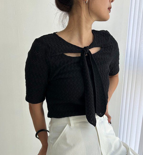  「レースノット5分袖トップス」|Tシャツ・カットソー|