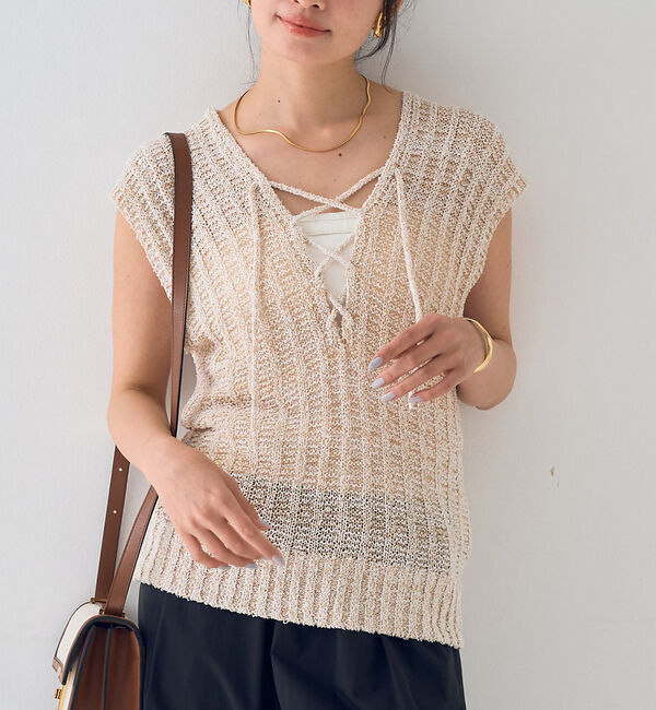 Rouge vif「麻混ニットレースアップベスト」|ニット・セーター|アイボリー