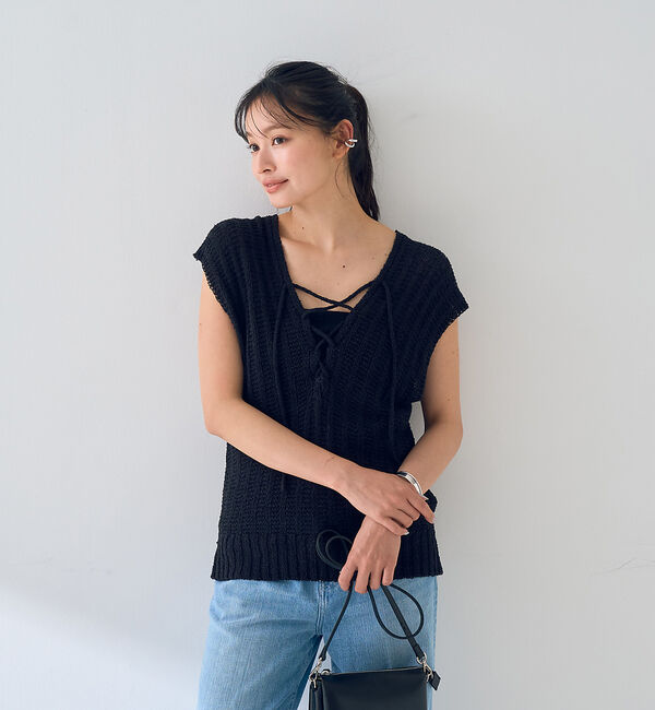 Rouge vif「麻混ニットレースアップベスト」|ニット・セーター|