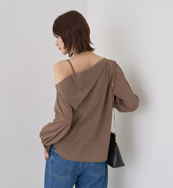 Rouge vif「【新色登場】【一部店舗限定】アシメオフショルブラウス ストライプ」|シャツ・ブラウス|