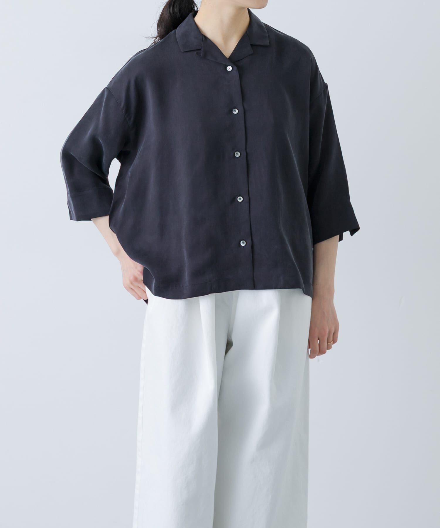 かぐれ「キュプラオープンカラーシャツ」|シャツ・ブラウス|ネイビー