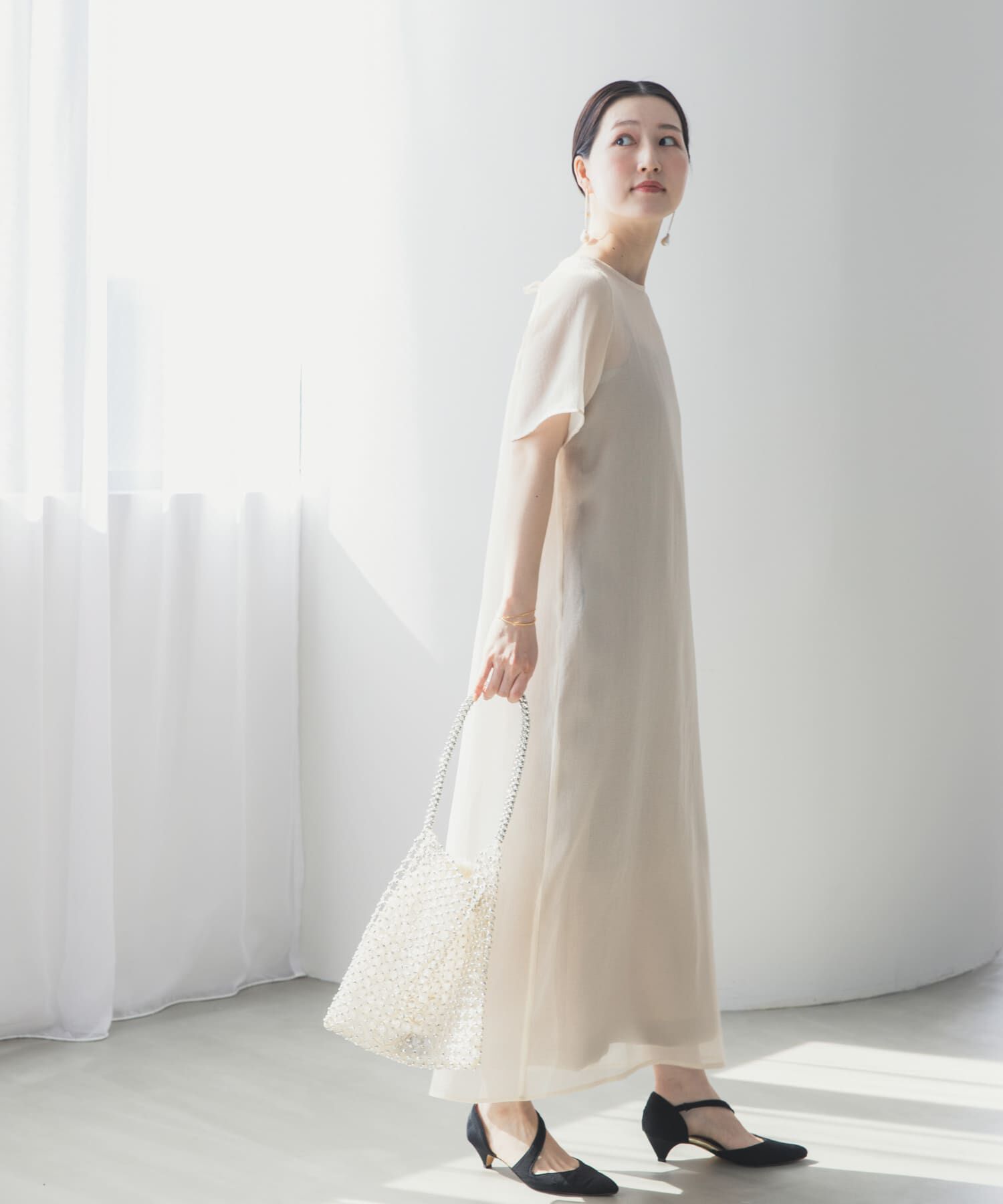 URBAN RESEARCH ROSSO「ハーフスリーブオーガンジーバックオープンドレス」|ワンピース|アイボリー