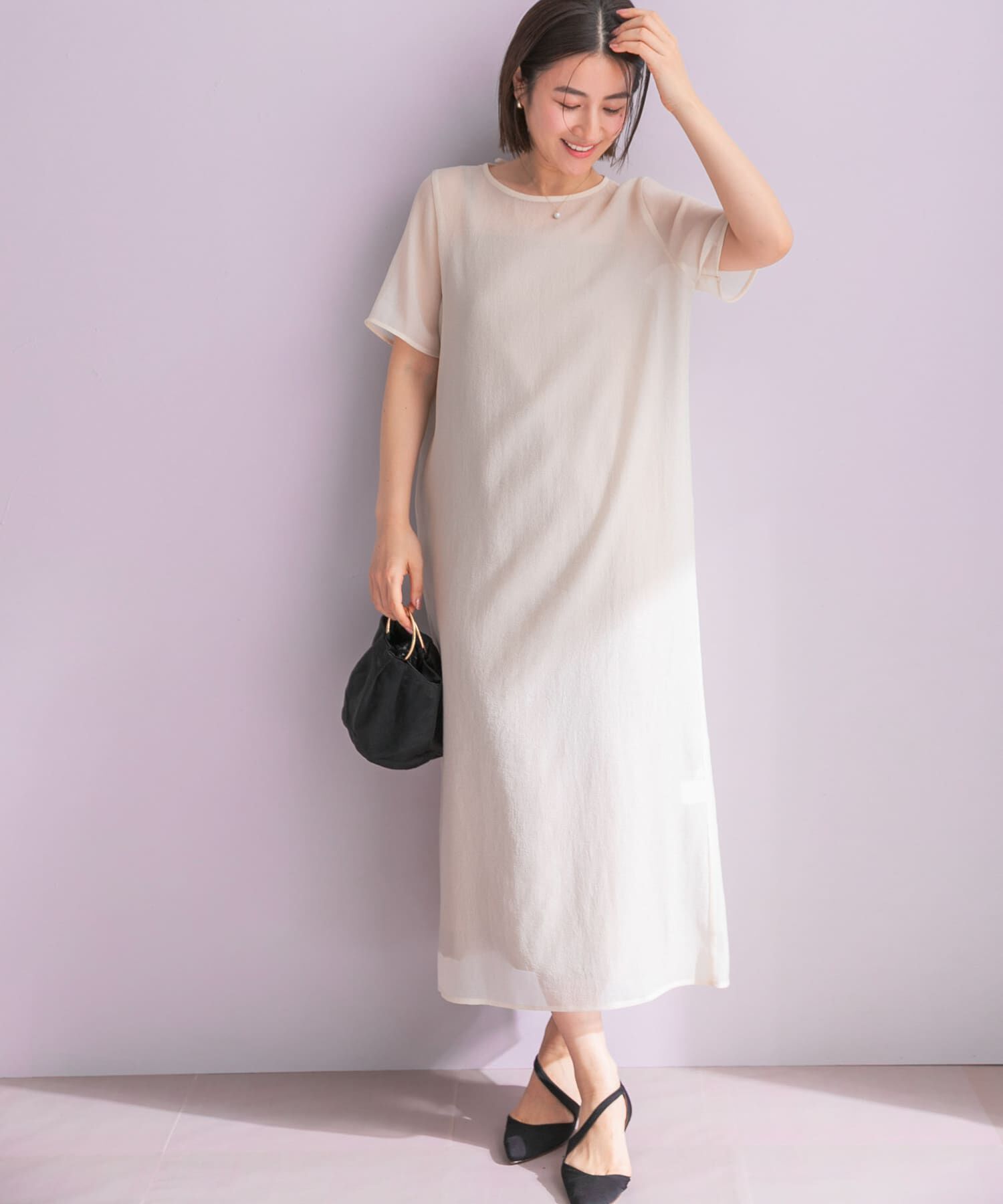 URBAN RESEARCH ROSSO「ハーフスリーブオーガンジーバックオープンドレス」|ワンピース|